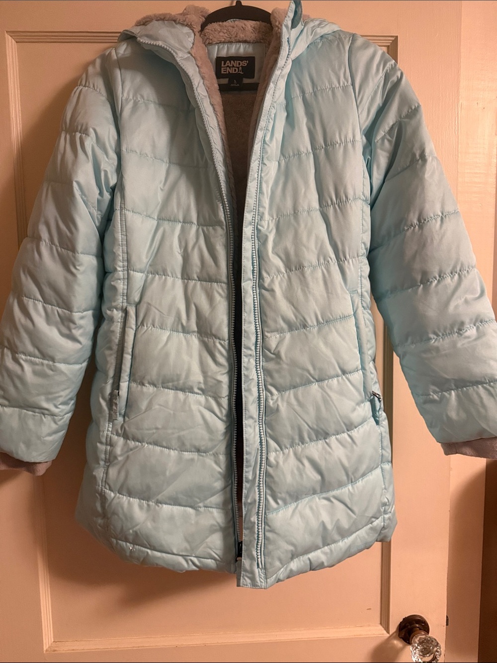 Lands' End Girls Pale Blue Quilted Puffer Jacket with Hood